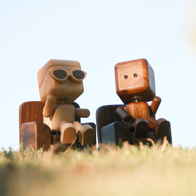 Wobbly-Leg Woody | Solid Wood Robot Figurine with Walnut Sofa & Magnetic Sunglasses | Engravable Desk Decor
