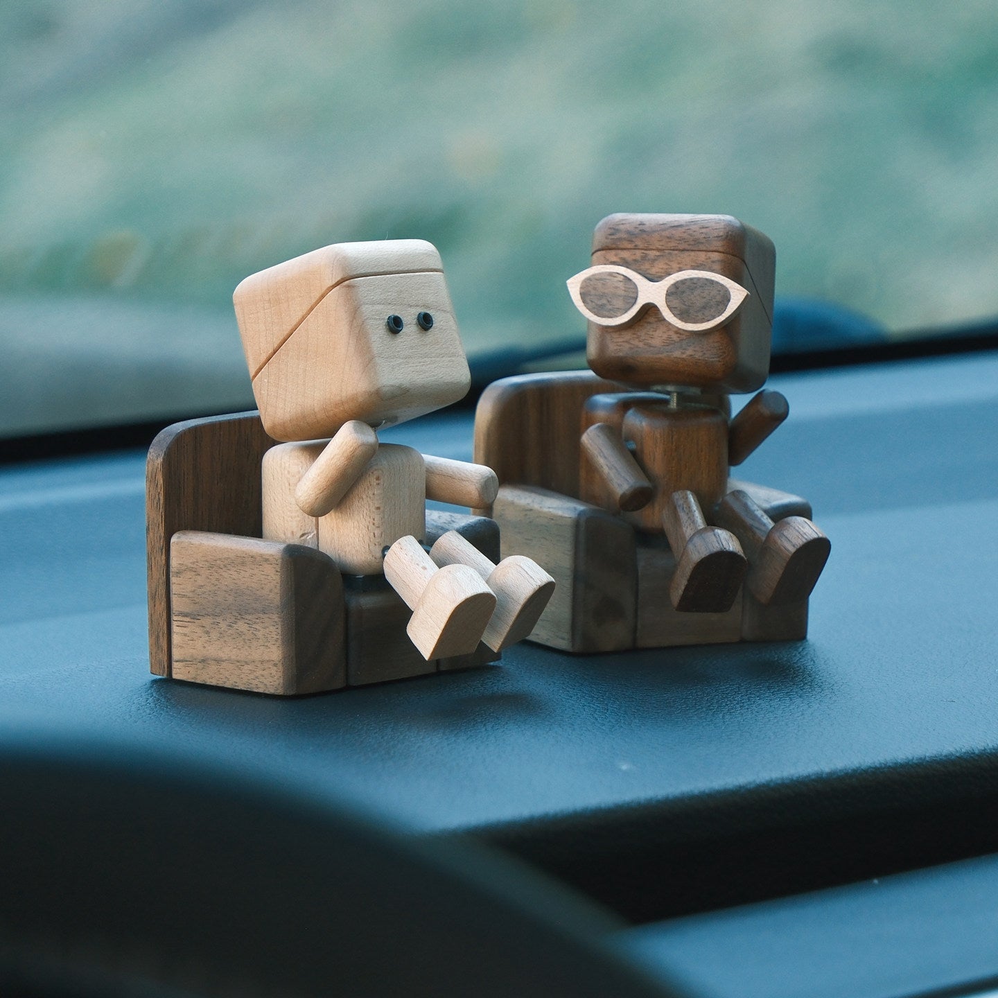 Wobbly-Leg Woody | Solid Wood Robot Figurine with Walnut Sofa & Magnetic Sunglasses | Engravable Desk Decor