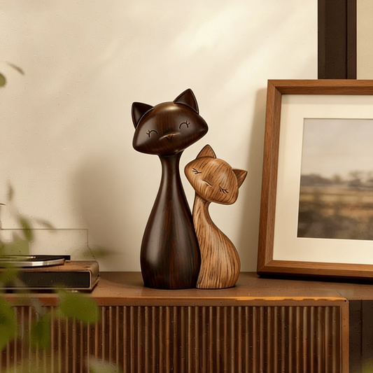 Wood-Grain Resin Cat Figurine Set | Handcrafted Pair Desktop Ornament | Modern Home Décor Gift