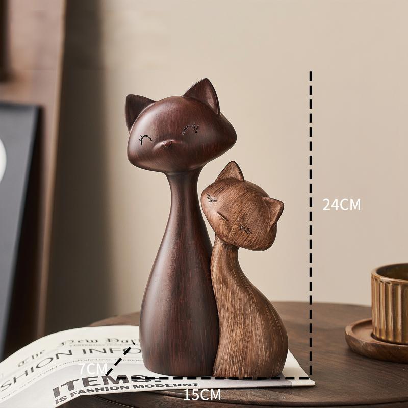Wood-Grain Resin Cat Figurine Set | Handcrafted Pair Desktop Ornament | Modern Home Décor Gift