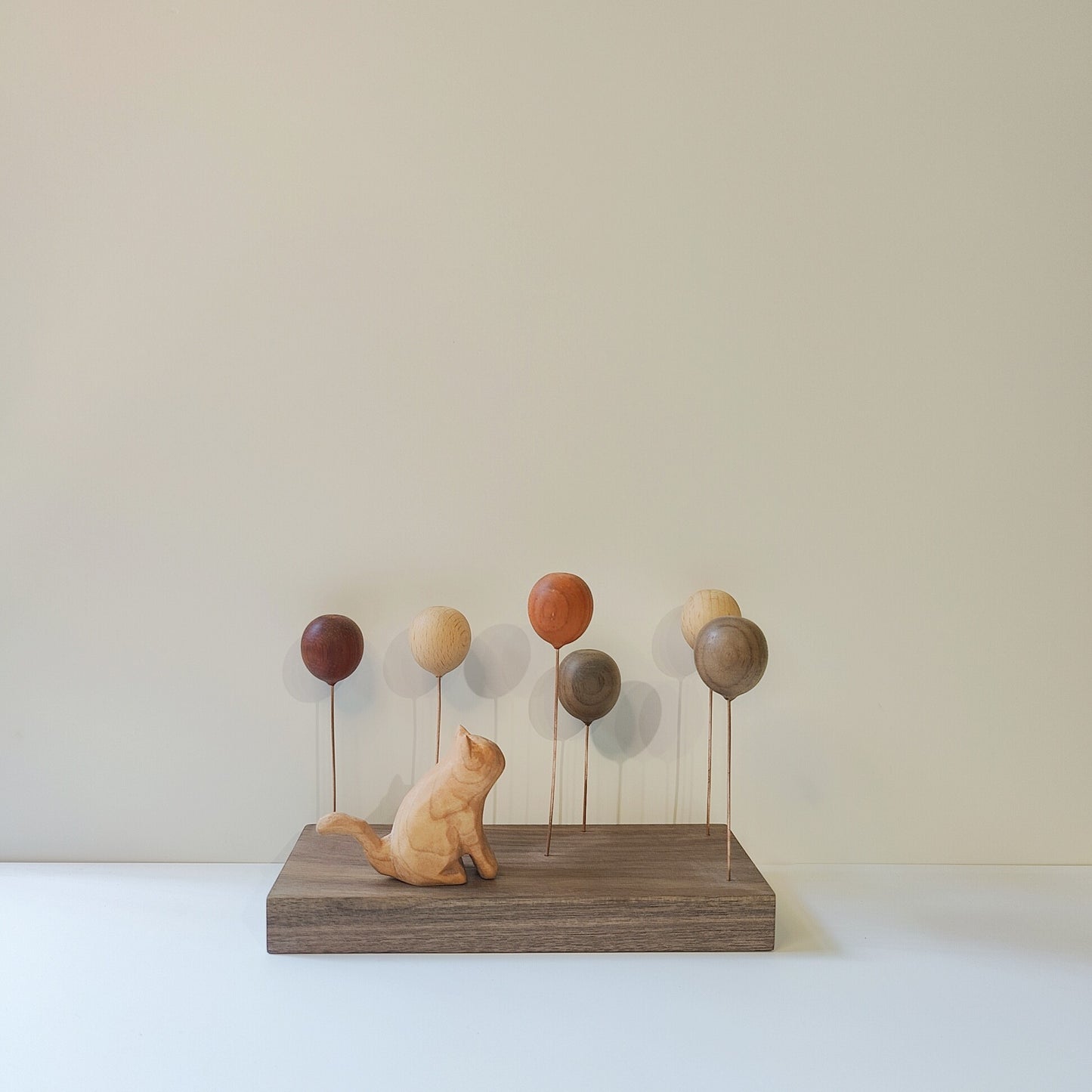 Wooden Balloon Cats Desk Sculpture | Handcrafted Multi-Wood Healing Figurine | Engravable Gift