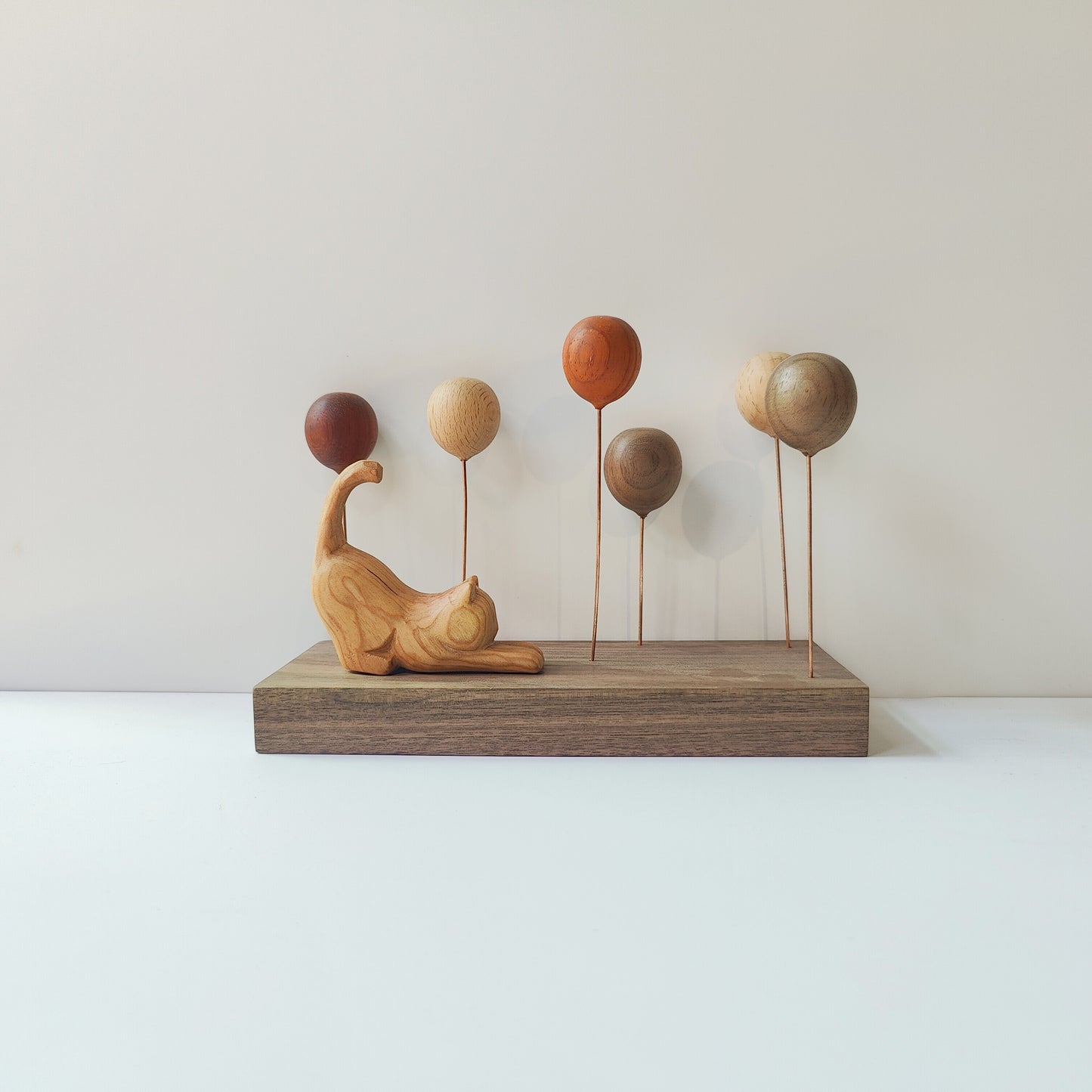 Wooden Balloon Cats Desk Sculpture | Handcrafted Multi-Wood Healing Figurine | Engravable Gift