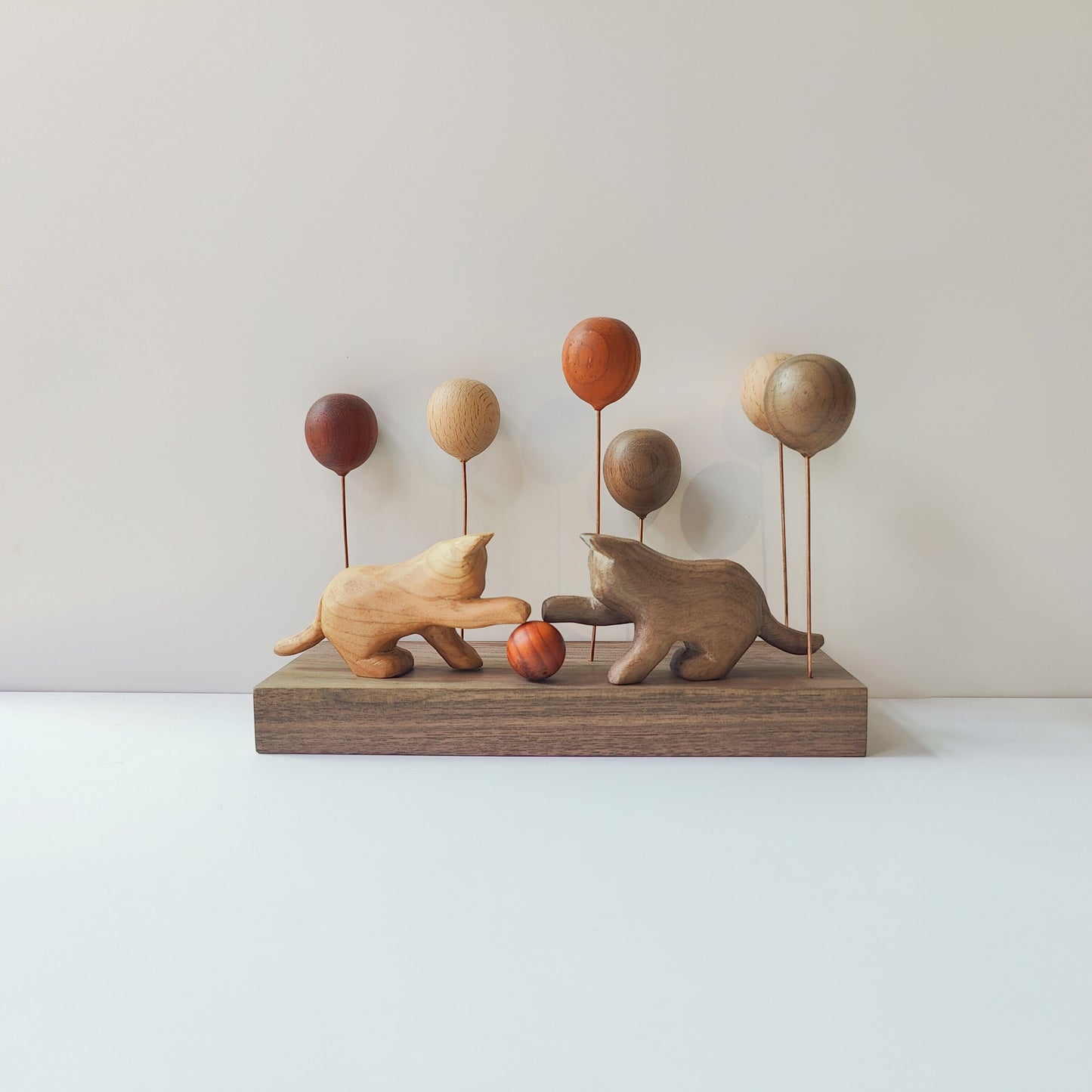 Wooden Balloon Cats Desk Sculpture | Handcrafted Multi-Wood Healing Figurine | Engravable Gift