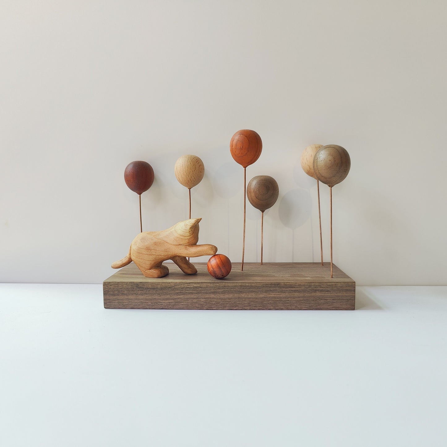 Wooden Balloon Cats Desk Sculpture | Handcrafted Multi-Wood Healing Figurine | Engravable Gift