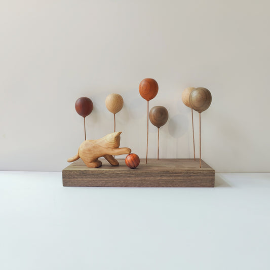 Wooden Balloon Cats Desk Sculpture | Handcrafted Multi-Wood Healing Figurine | Engravable Gift
