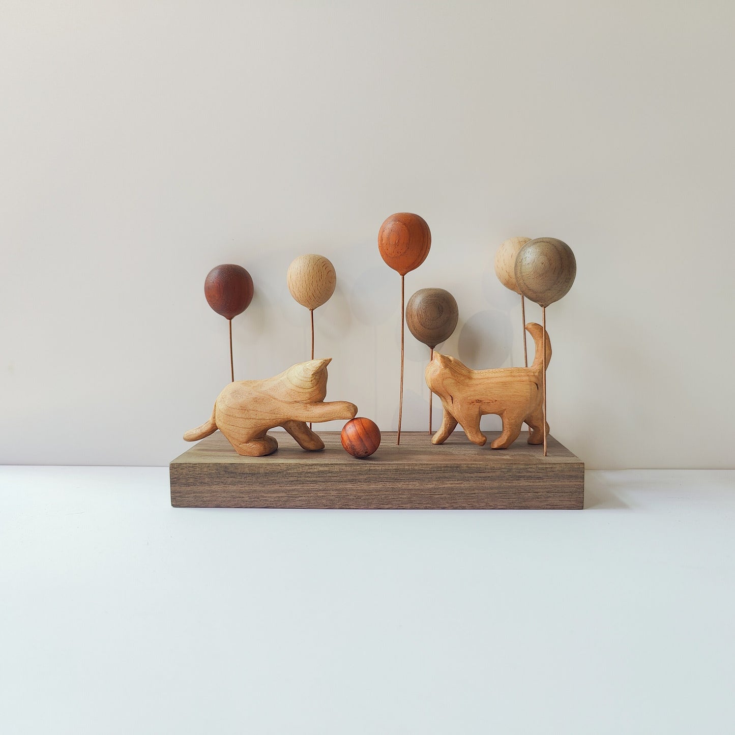 Wooden Balloon Cats Desk Sculpture | Handcrafted Multi-Wood Healing Figurine | Engravable Gift