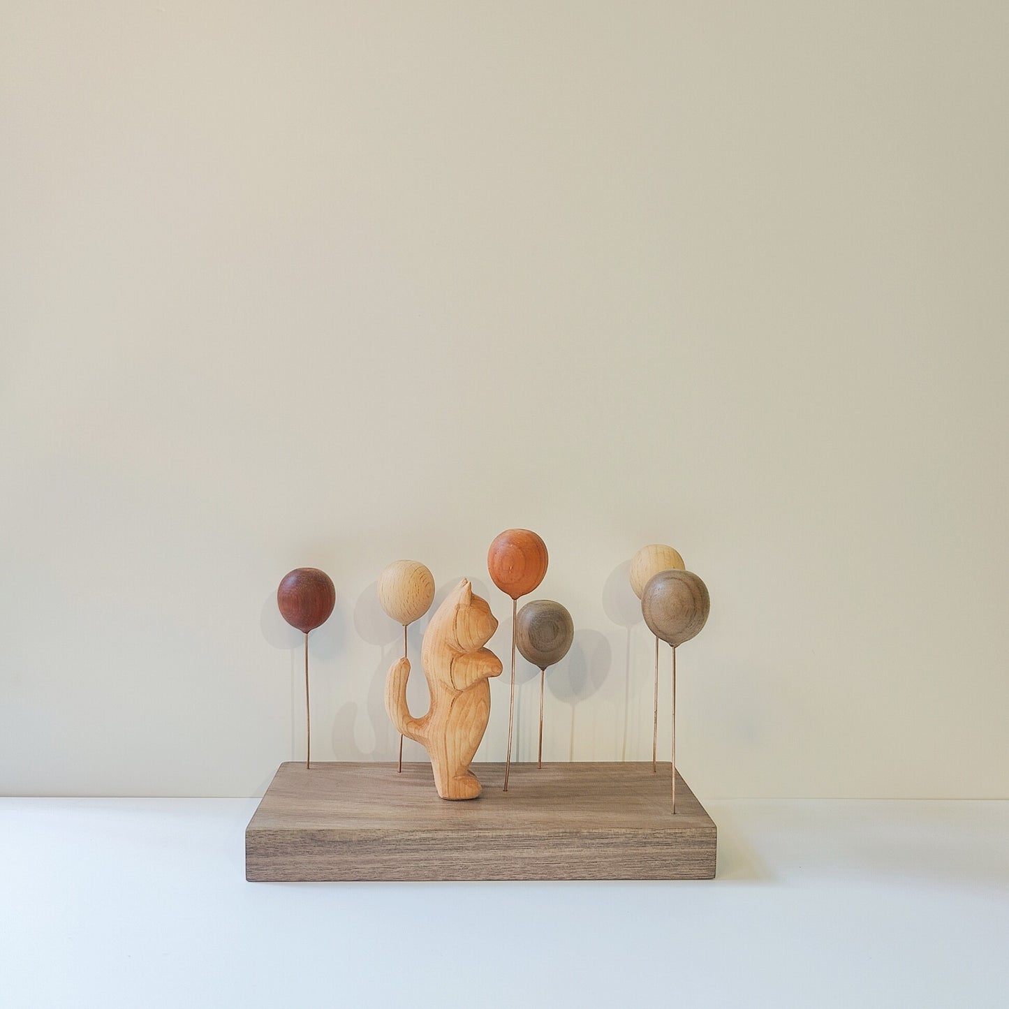 Wooden Balloon Cats Desk Sculpture | Handcrafted Multi-Wood Healing Figurine | Engravable Gift