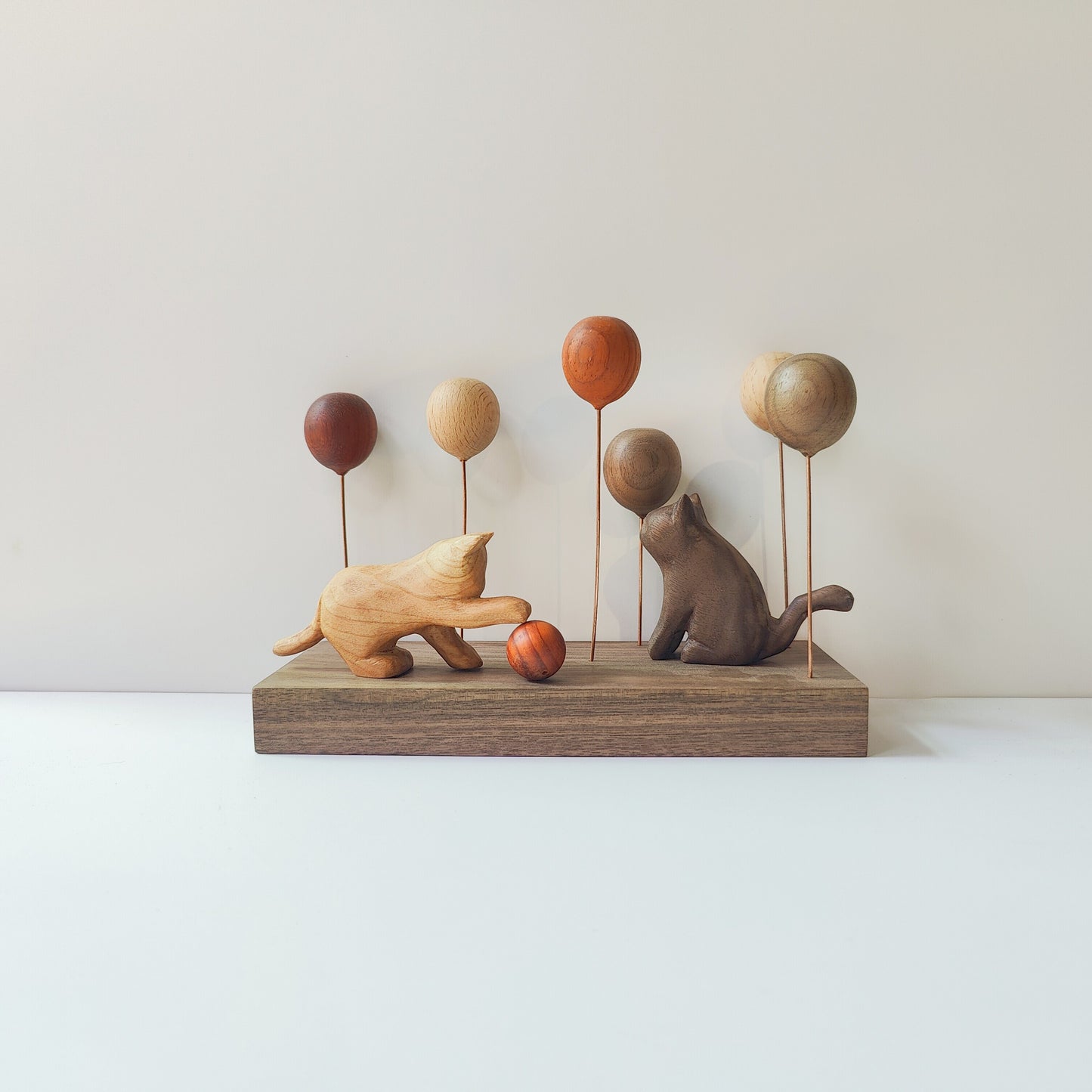 Wooden Balloon Cats Desk Sculpture | Handcrafted Multi-Wood Healing Figurine | Engravable Gift