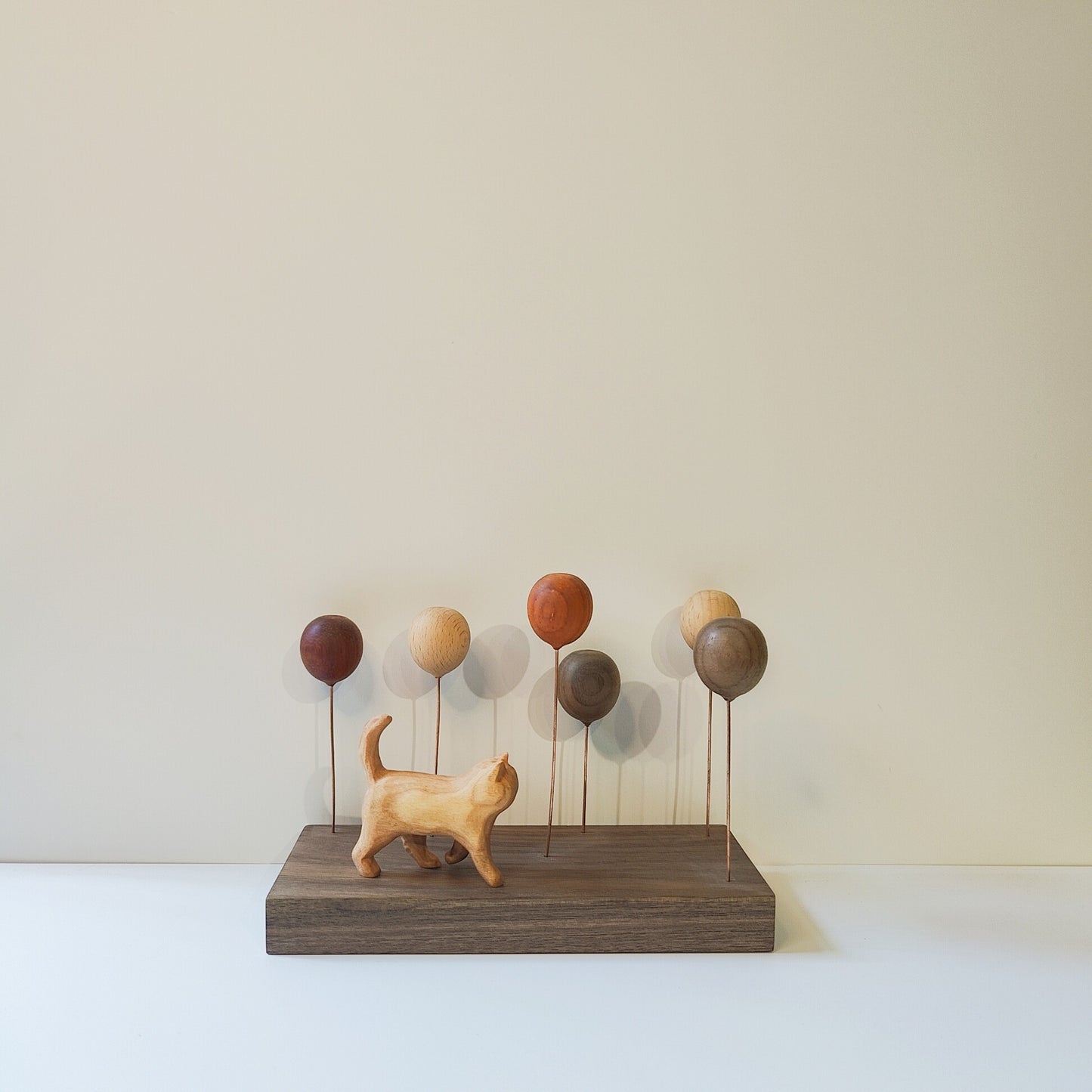 Wooden Balloon Cats Desk Sculpture | Handcrafted Multi-Wood Healing Figurine | Engravable Gift