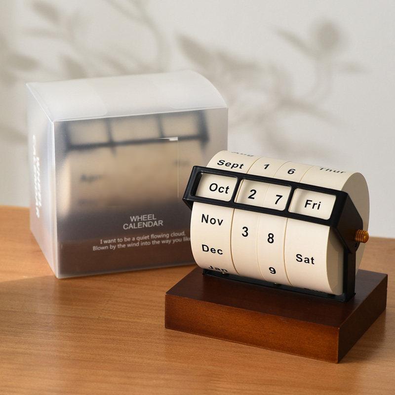 Wooden Base Perpetual Calendar | Manual Rotating Desktop Calendar | Creative Office Gift