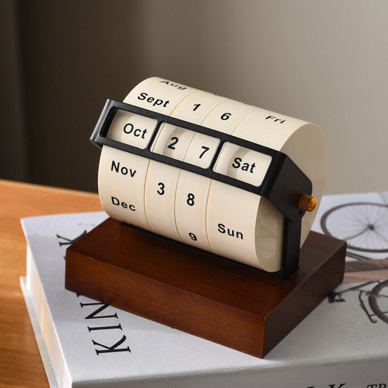 Wooden Base Perpetual Calendar | Manual Rotating Desktop Calendar | Creative Office Gift