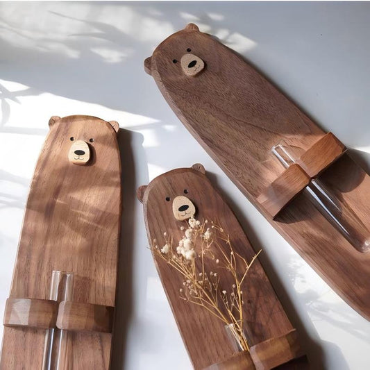 Wooden Bear Flower Vase | Glass Test Tube Planter | Desktop Decoration | Fridge Magnet Gift