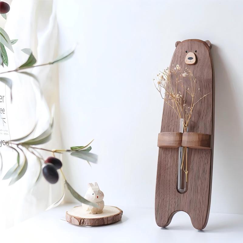 Wooden Bear Flower Vase | Glass Test Tube Planter | Desktop Decoration | Fridge Magnet Gift