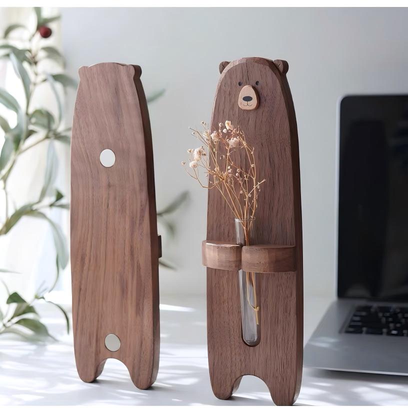Wooden Bear Flower Vase | Glass Test Tube Planter | Desktop Decoration | Fridge Magnet Gift