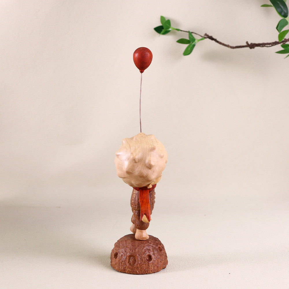 Wooden Boy with Balloon Ornament | Handcrafted Multi-Wood Sculpture | Whimsical Desktop Gift