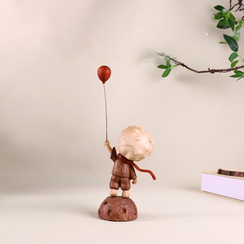 Wooden Boy with Balloon Ornament | Handcrafted Multi-Wood Sculpture | Whimsical Desktop Gift