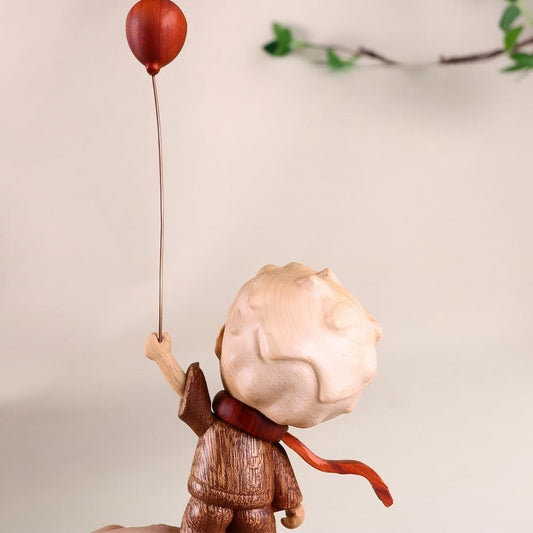 Wooden Boy with Balloon Ornament | Handcrafted Multi-Wood Sculpture | Whimsical Desktop Gift