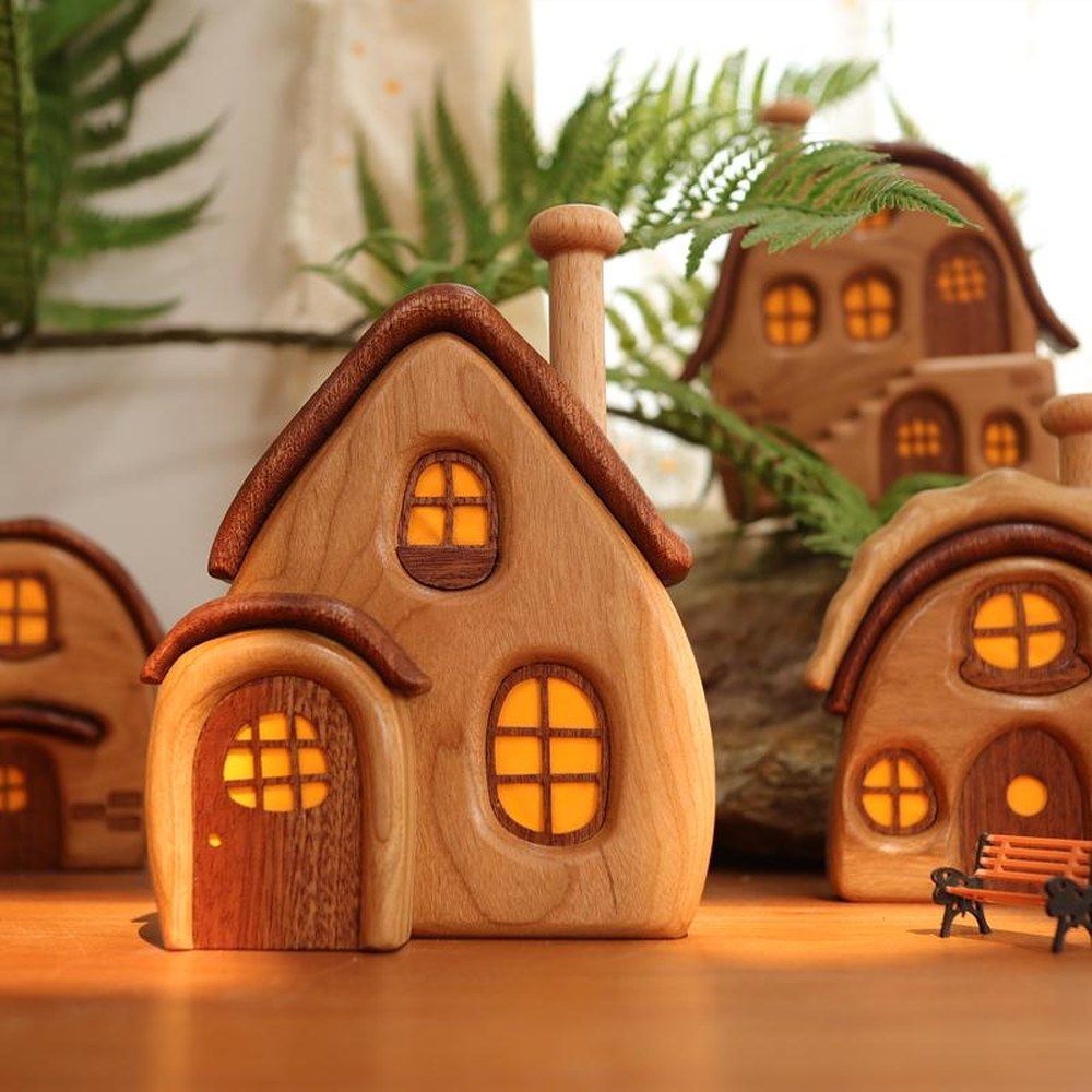 Wooden Cabin Micro Landscape Sculpture, Handcrafted Solid Wood Nordic Desk Decor, Cozy Gift