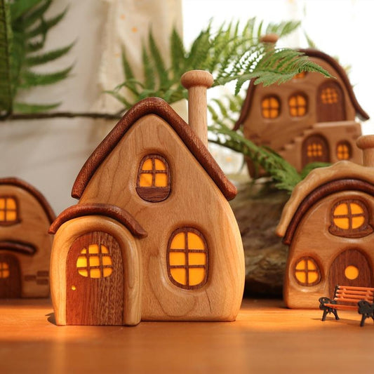 Wooden Cabin Micro Landscape Sculpture, Handcrafted Solid Wood Nordic Desk Decor, Cozy Gift