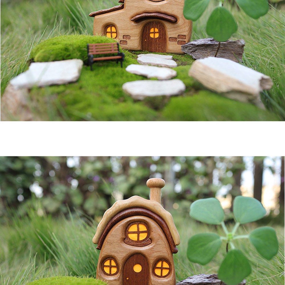Wooden Cabin Micro Landscape Sculpture, Handcrafted Solid Wood Nordic Desk Decor, Cozy Gift