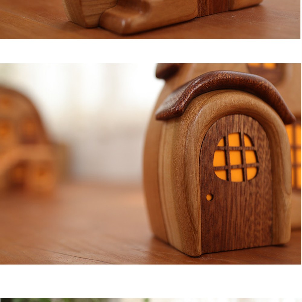 Wooden Cabin Micro Landscape Sculpture, Handcrafted Solid Wood Nordic Desk Decor, Cozy Gift