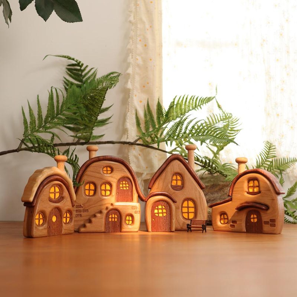 Wooden Cabin Micro Landscape Sculpture, Handcrafted Solid Wood Nordic Desk Decor, Cozy Gift