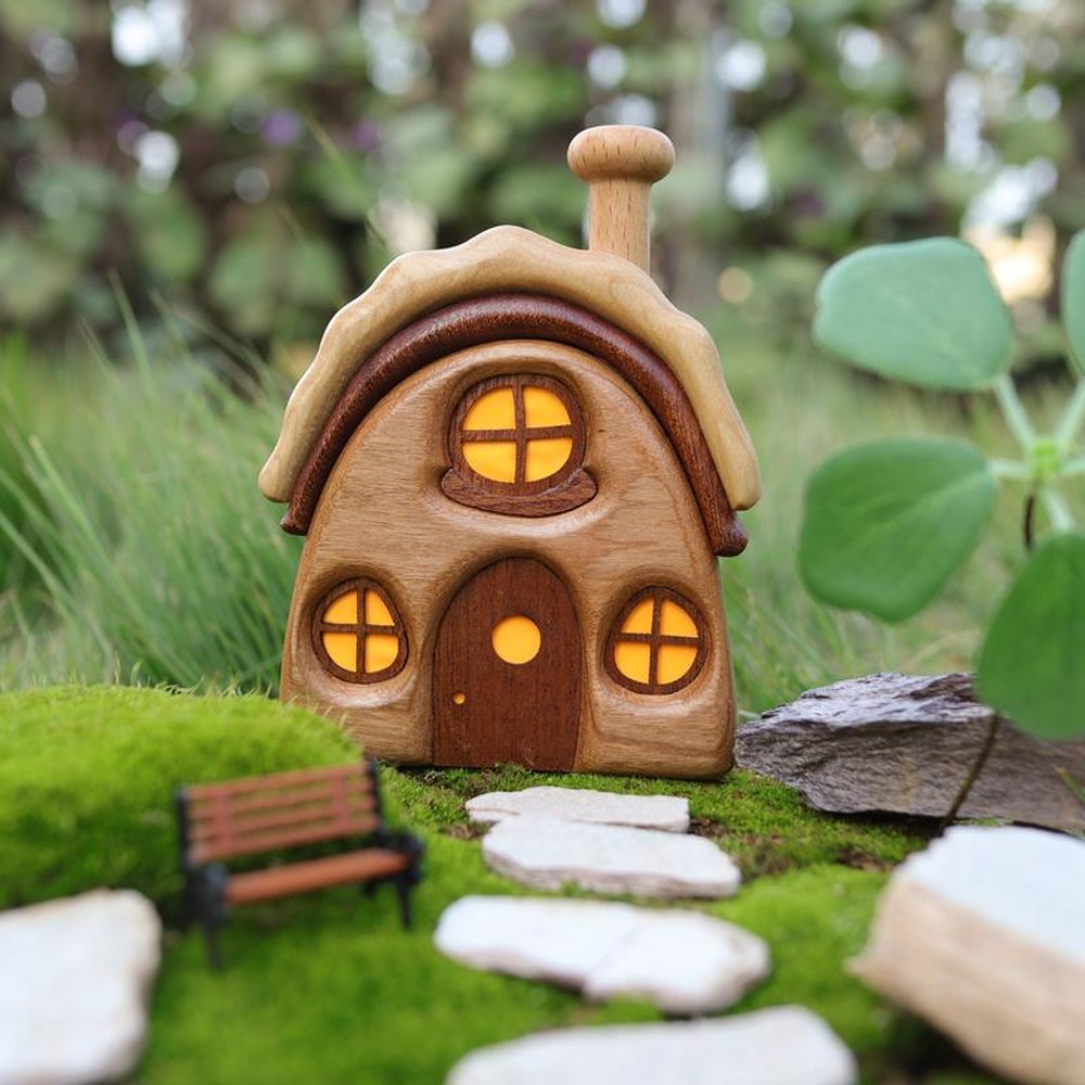 Wooden Cabin Micro Landscape Sculpture, Handcrafted Solid Wood Nordic Desk Decor, Cozy Gift
