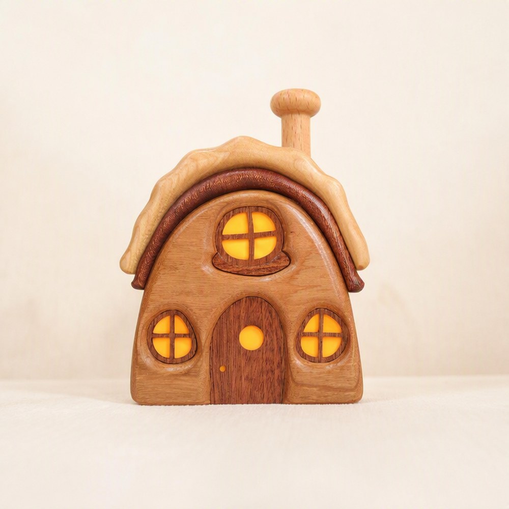 Wooden Cabin Micro Landscape Sculpture, Handcrafted Solid Wood Nordic Desk Decor, Cozy Gift