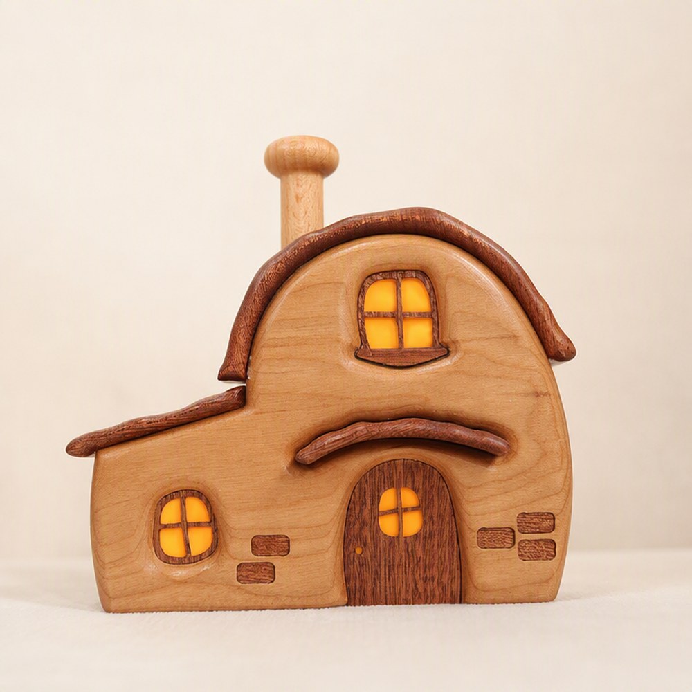 Wooden Cabin Micro Landscape Sculpture, Handcrafted Solid Wood Nordic Desk Decor, Cozy Gift