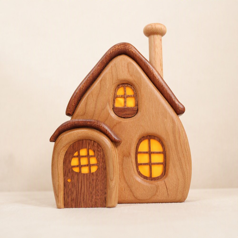 Wooden Cabin Micro Landscape Sculpture, Handcrafted Solid Wood Nordic Desk Decor, Cozy Gift