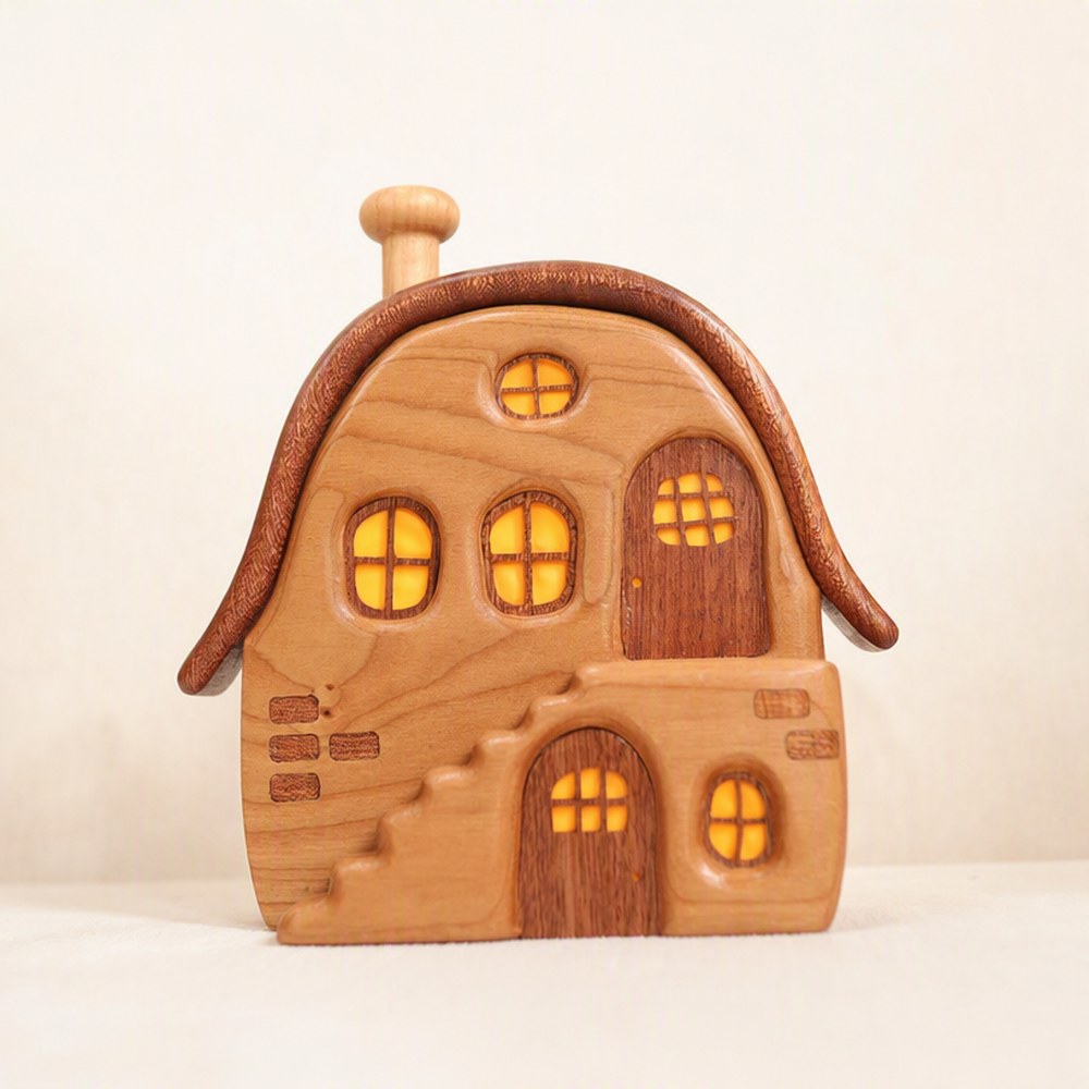 Wooden Cabin Micro Landscape Sculpture, Handcrafted Solid Wood Nordic Desk Decor, Cozy Gift