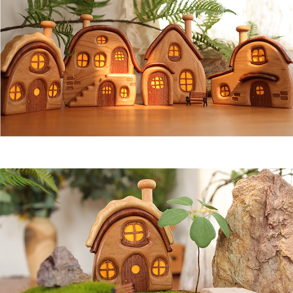 Wooden Cabin Micro Landscape Sculpture, Handcrafted Solid Wood Nordic Desk Decor, Cozy Gift