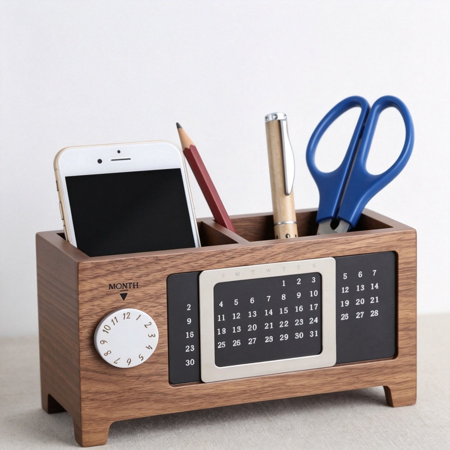 Wooden Perpetual Calendar Pen Holder | Solid Wood Desk Organizer | Magnetic Date Display | Engravable