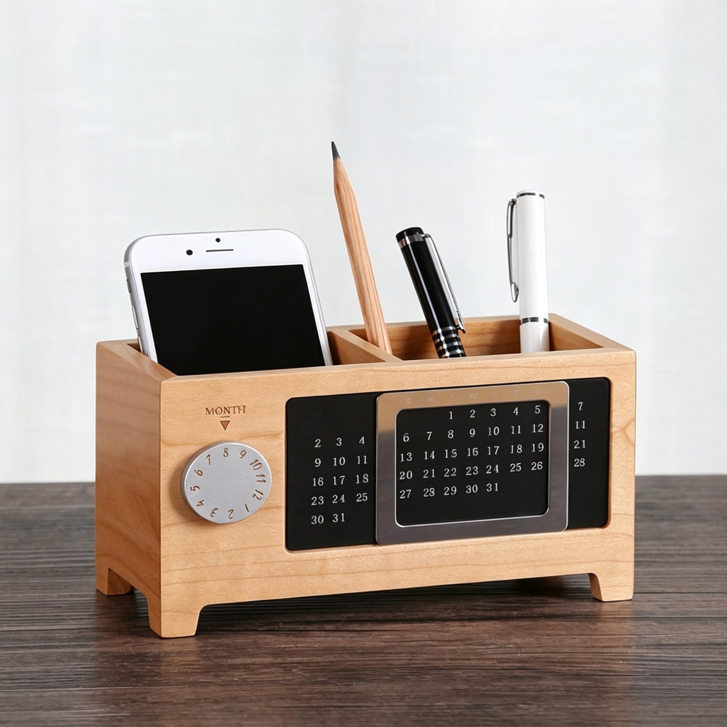 Wooden Perpetual Calendar Pen Holder | Solid Wood Desk Organizer | Magnetic Date Display | Engravable