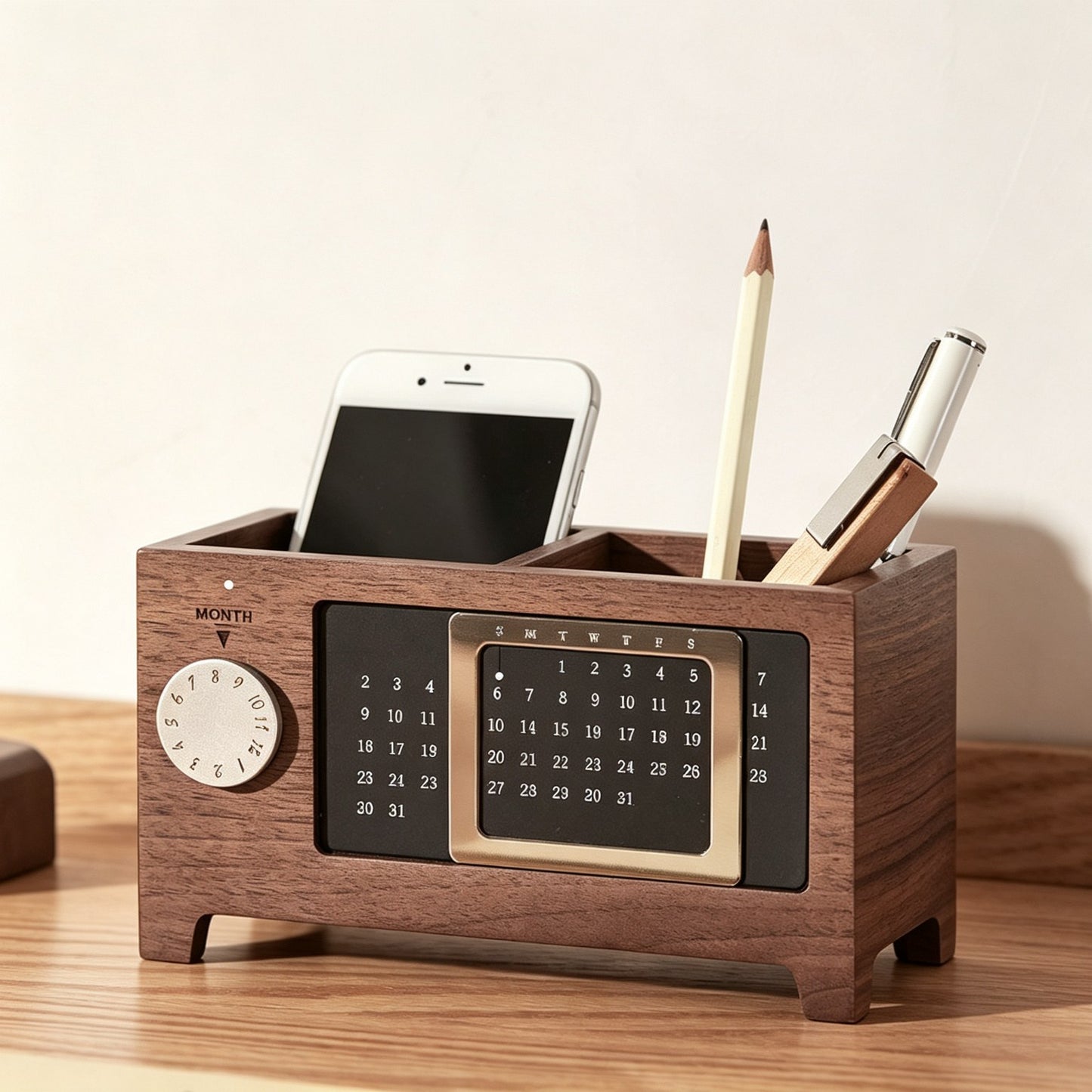 Wooden Perpetual Calendar Pen Holder | Solid Wood Desk Organizer | Magnetic Date Display | Engravable