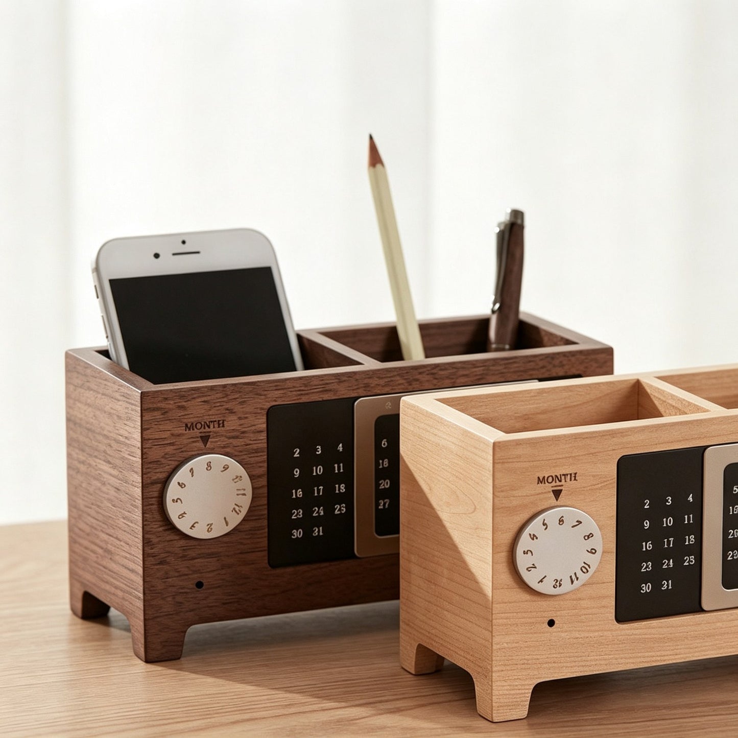 Wooden Perpetual Calendar Pen Holder | Solid Wood Desk Organizer | Magnetic Date Display | Engravable