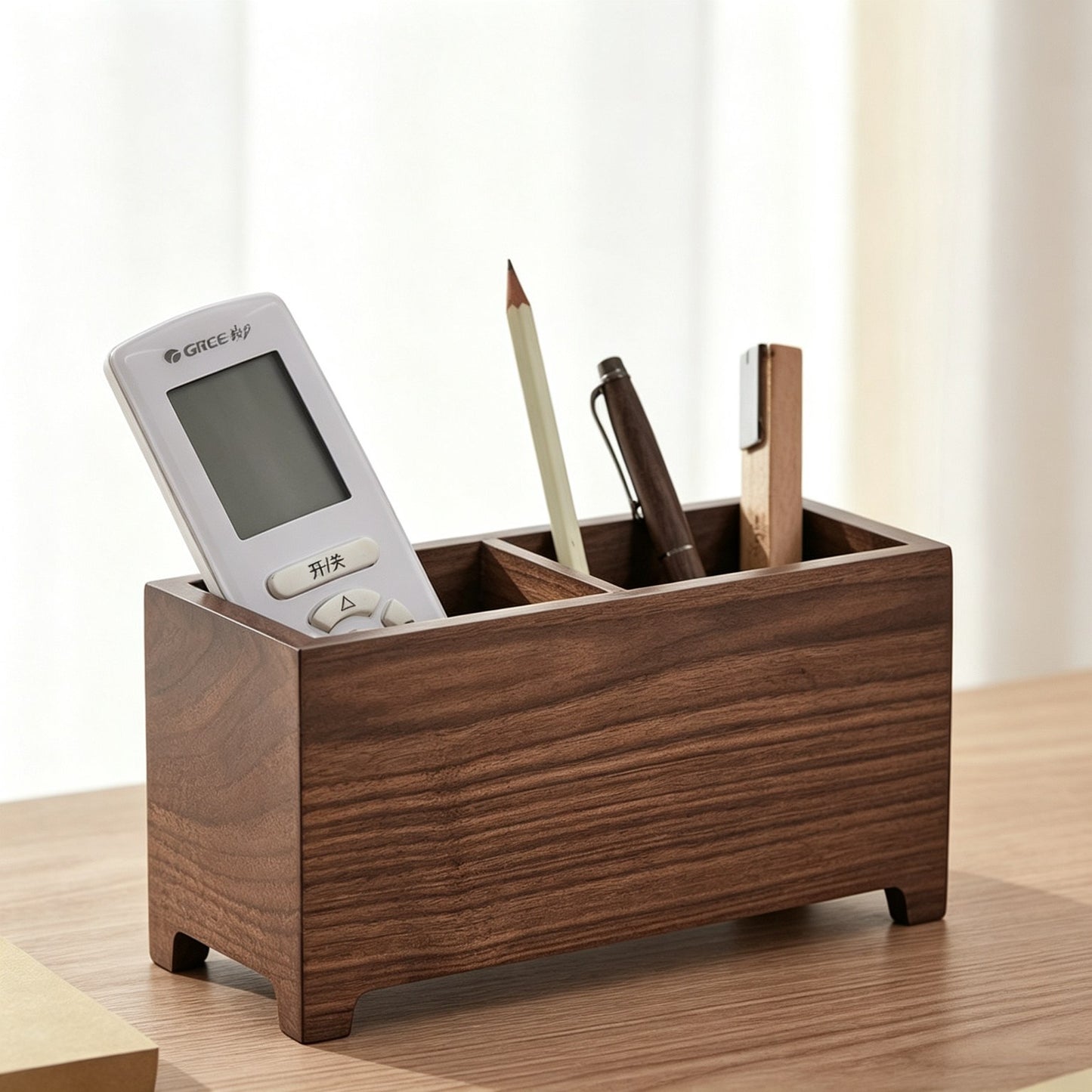 Wooden Perpetual Calendar Pen Holder | Solid Wood Desk Organizer | Magnetic Date Display | Engravable