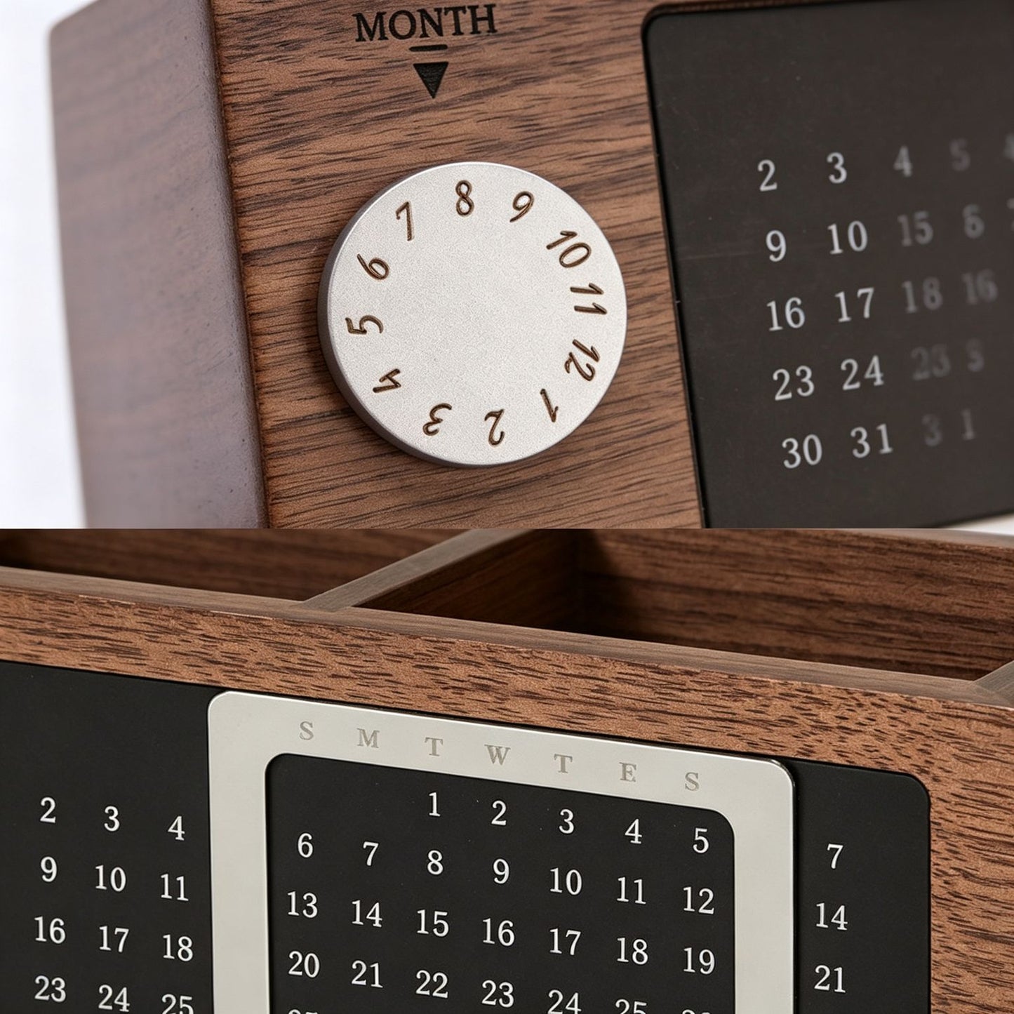 Wooden Perpetual Calendar Pen Holder | Solid Wood Desk Organizer | Magnetic Date Display | Engravable