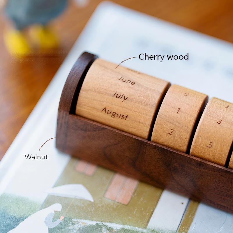 Wooden Perpetual Calendar | Rotating Barrel Design | Custom Engraving Gift