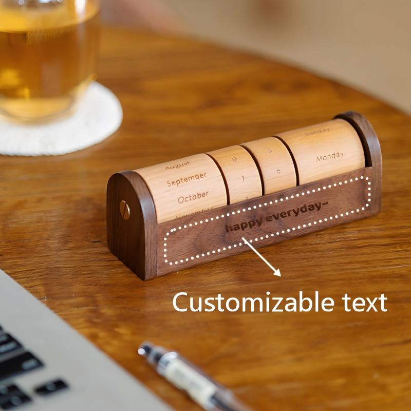 Wooden Perpetual Calendar | Rotating Barrel Design | Custom Engraving Gift