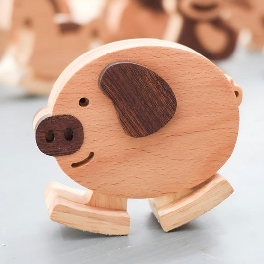 Wooden Pig Ornament | Handcrafted Multi-Wood Desktop Figurine | Cute Animal Gift
