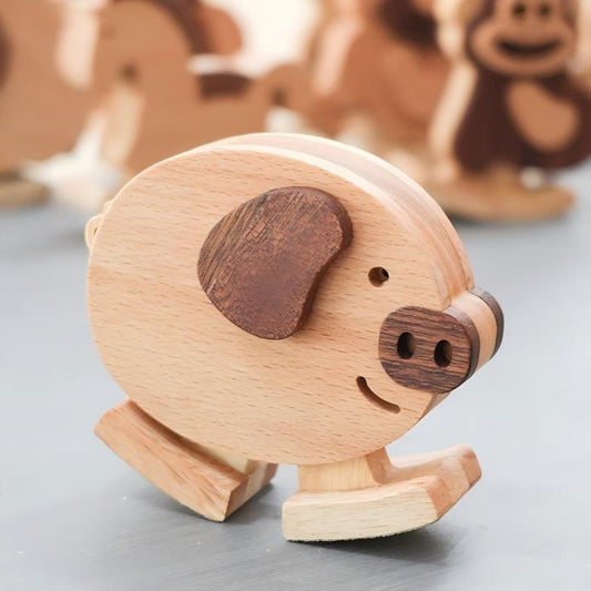 Wooden Pig Ornament | Handcrafted Multi-Wood Desktop Figurine | Cute Animal Gift
