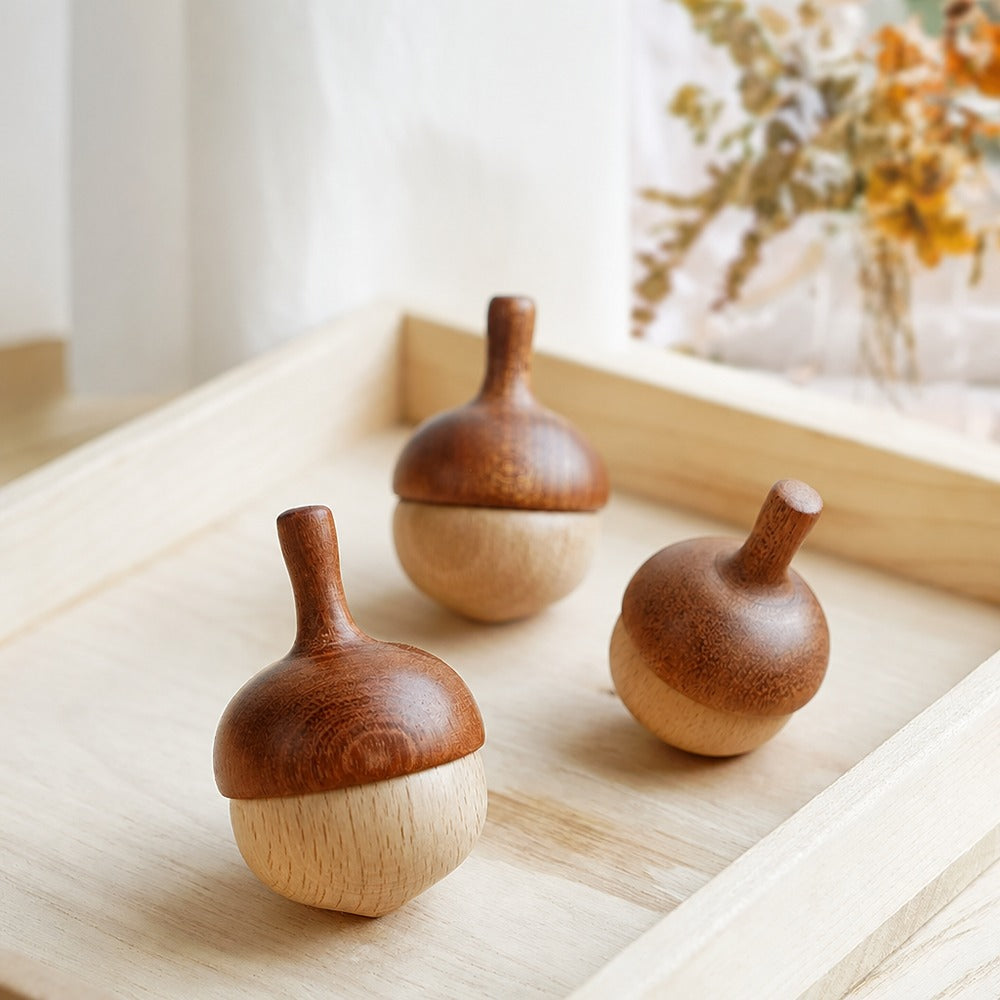 Wooden pinecone spinning top set