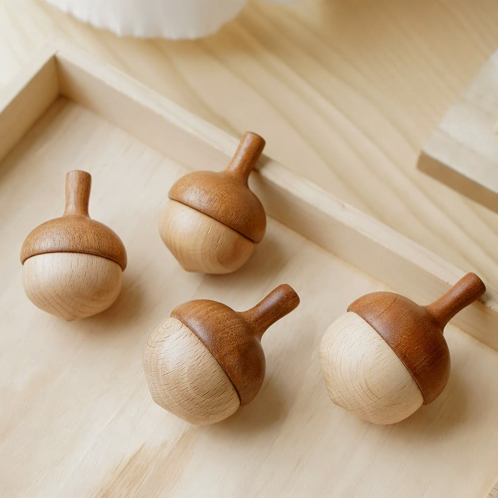 Wooden pinecone spinning top set