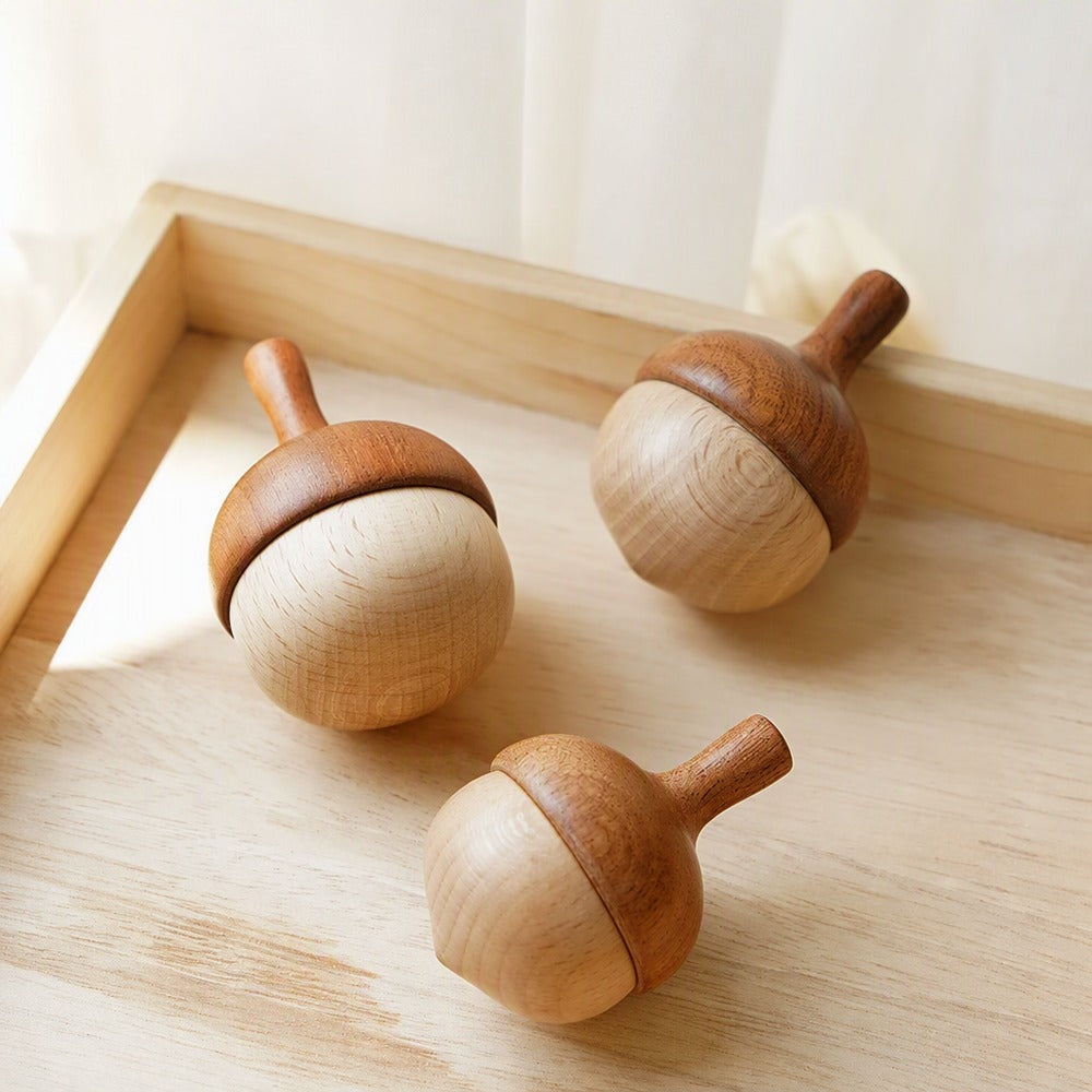 Wooden pinecone spinning top set