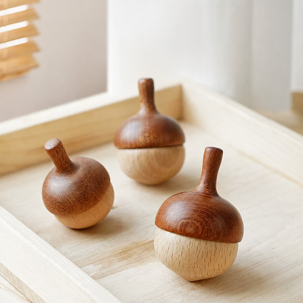 Wooden pinecone spinning top set
