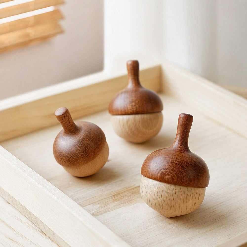Wooden pinecone spinning top set