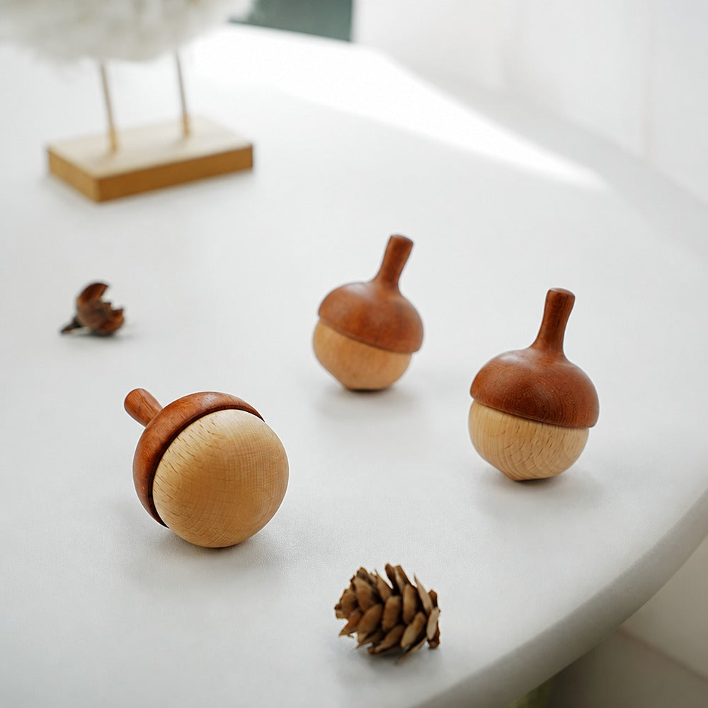 Wooden pinecone spinning top set