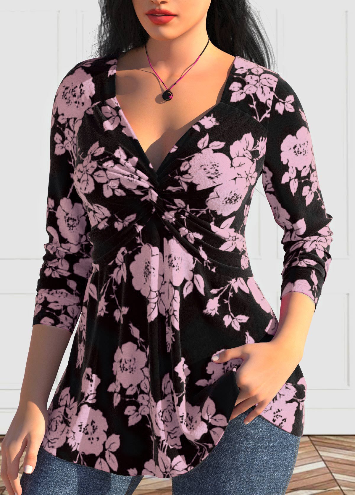 Large size women's V-neck Polyester Fibre shirt long sleeve printed shirt