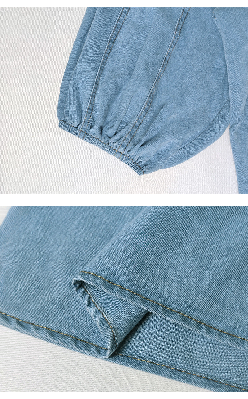 Women's Denim Shirt 1/2 Sleeve Decoration Tie Front Top Shirt Jean Choker Jacket